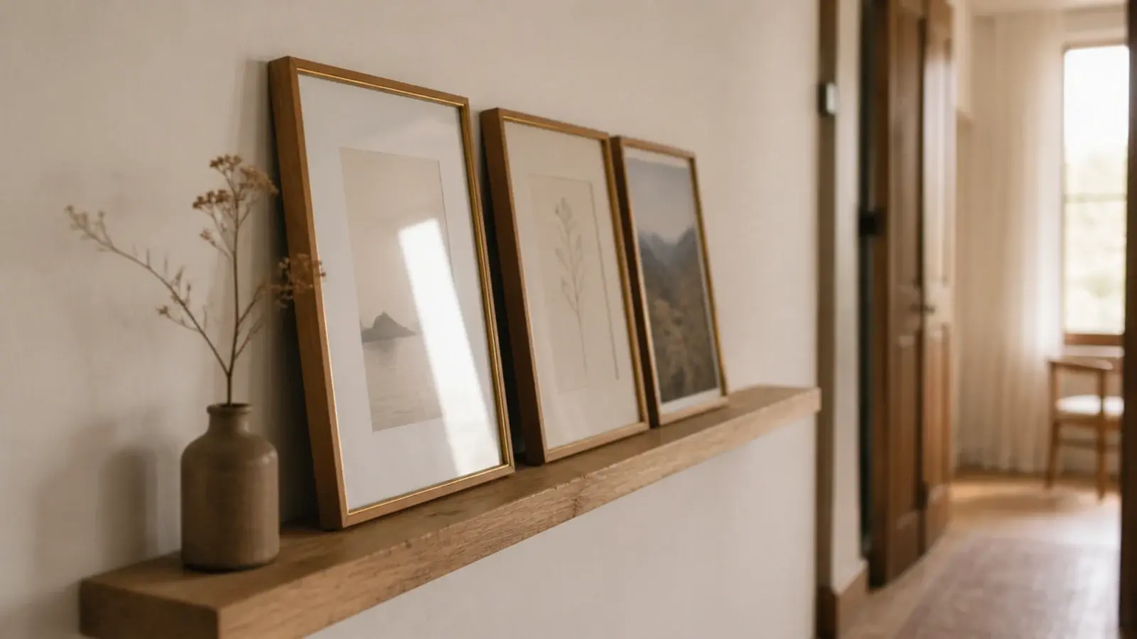 homemade picture ledge holding leaning prints in an entry hallway