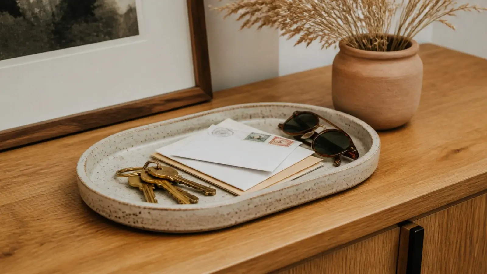 shallow stoneware tray holding keys and mail on an entryway table