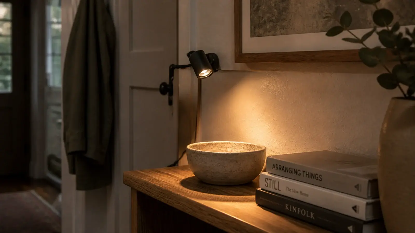 small clip on lamp lighting an entryway shelf with warm light