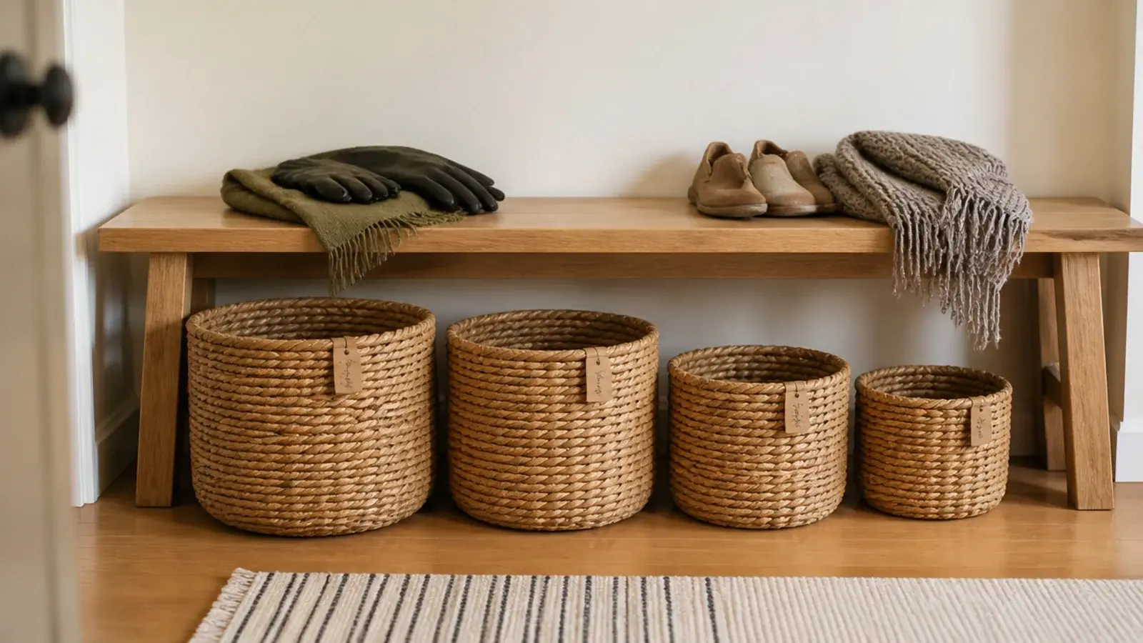 row of woven baskets under an entryway bench one for each person