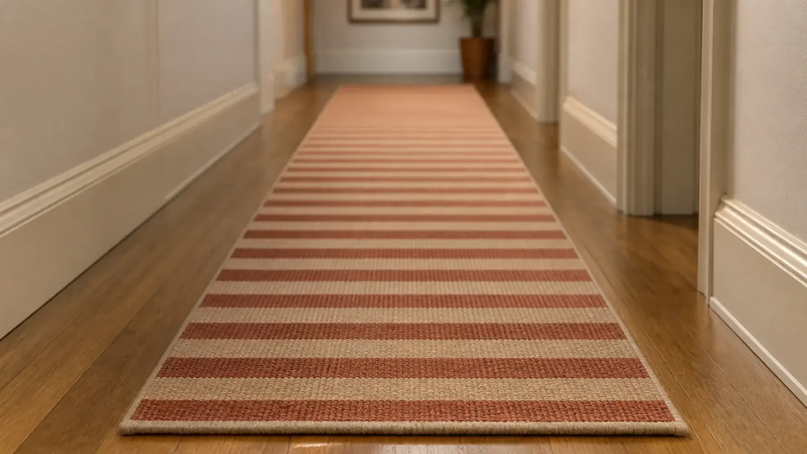 flat weave runner made from a bound rug remnant in a hallway