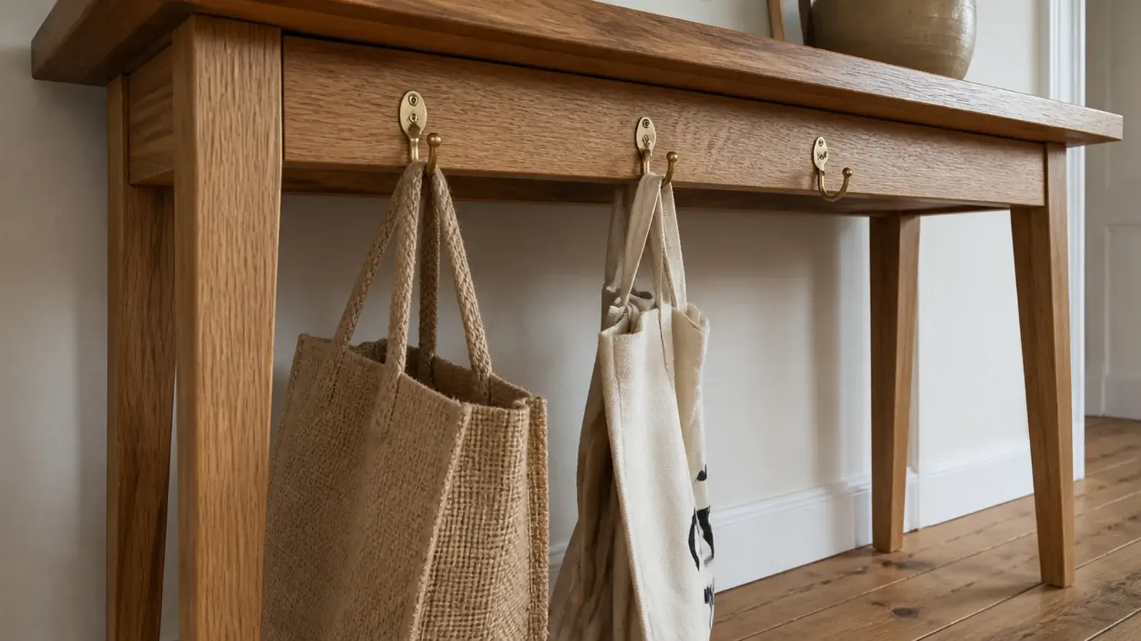 small brass hooks fitted beneath an entryway console holding bags