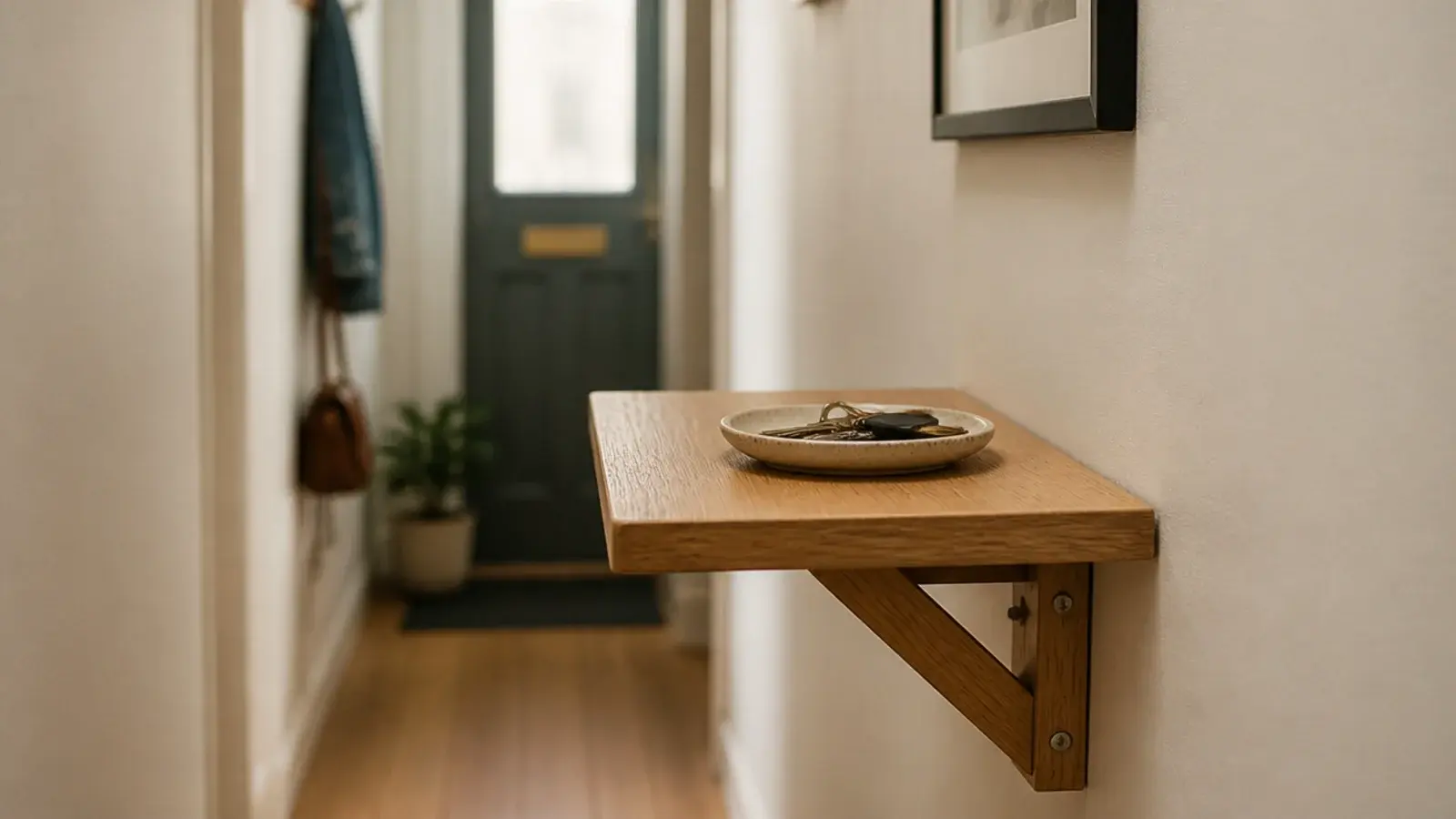 wall mounted folding shelf open in a very narrow entryway hall