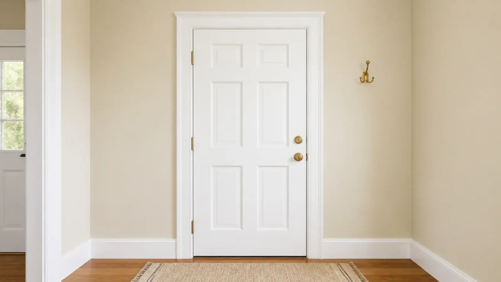 freshly painted white baseboard and door frame in a cream entryway