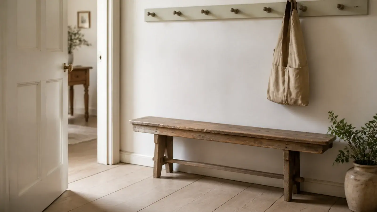 worn wooden bench and peg rail in a simple farmhouse entry hall