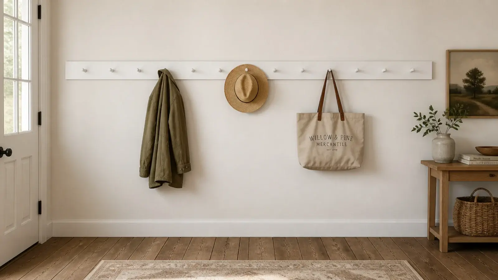 long white shaker peg rail mounted across a farmhouse entry wall