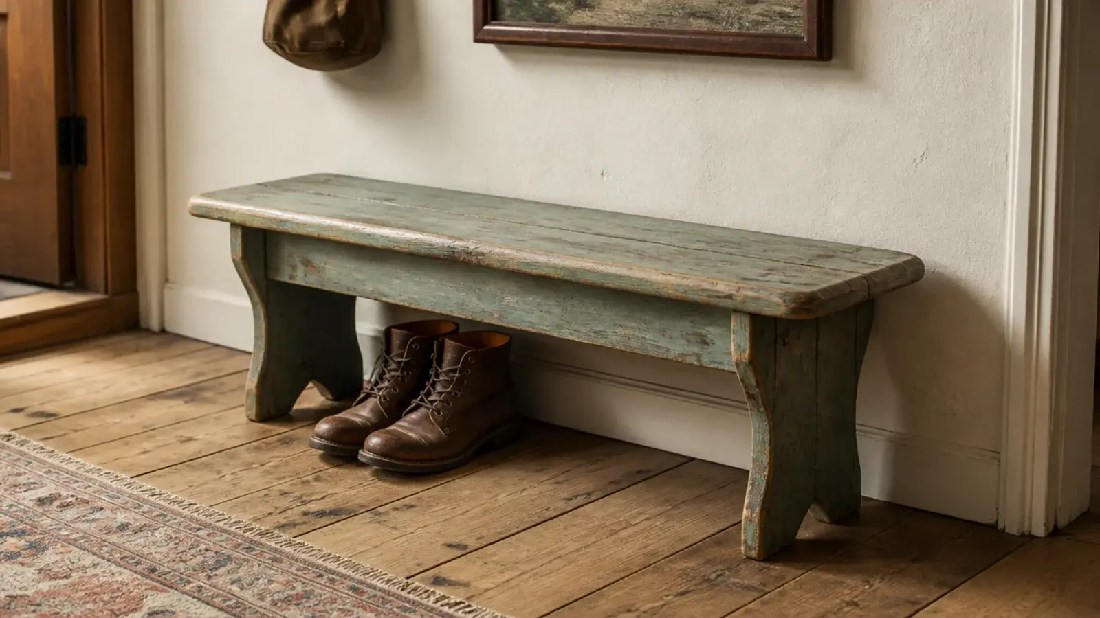 old wooden bench with worn edges standing in a farmhouse entryway