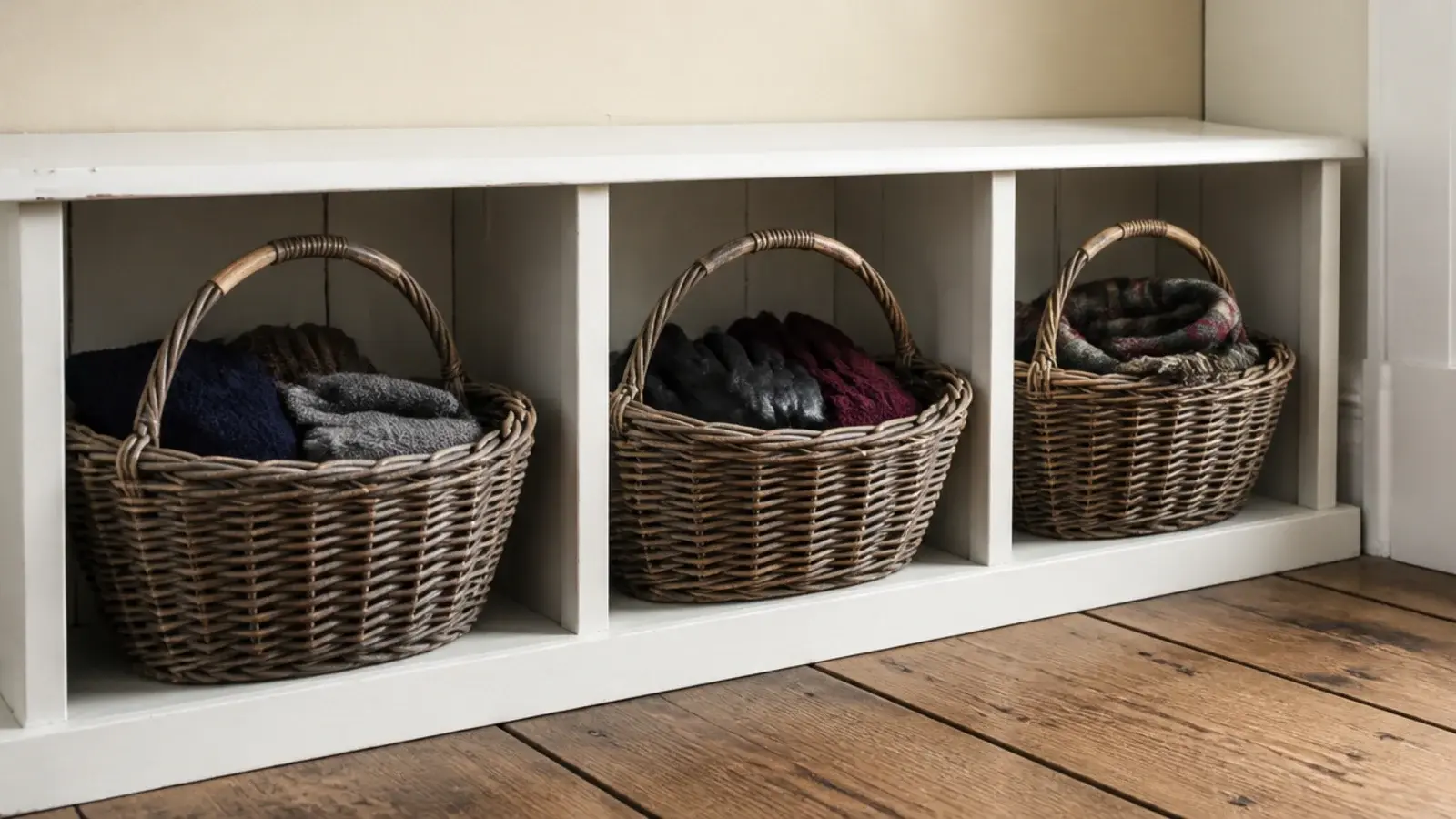 woven willow baskets lined up in a farmhouse entryway cubby unit