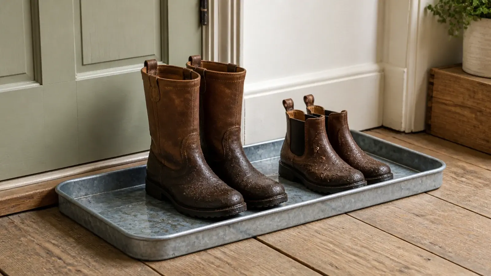 galvanised metal boot tray holding wet boots by a farmhouse door