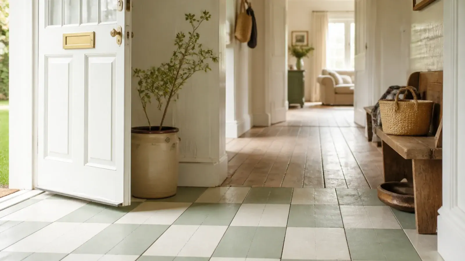 painted checkerboard floorboards inside a farmhouse entry door