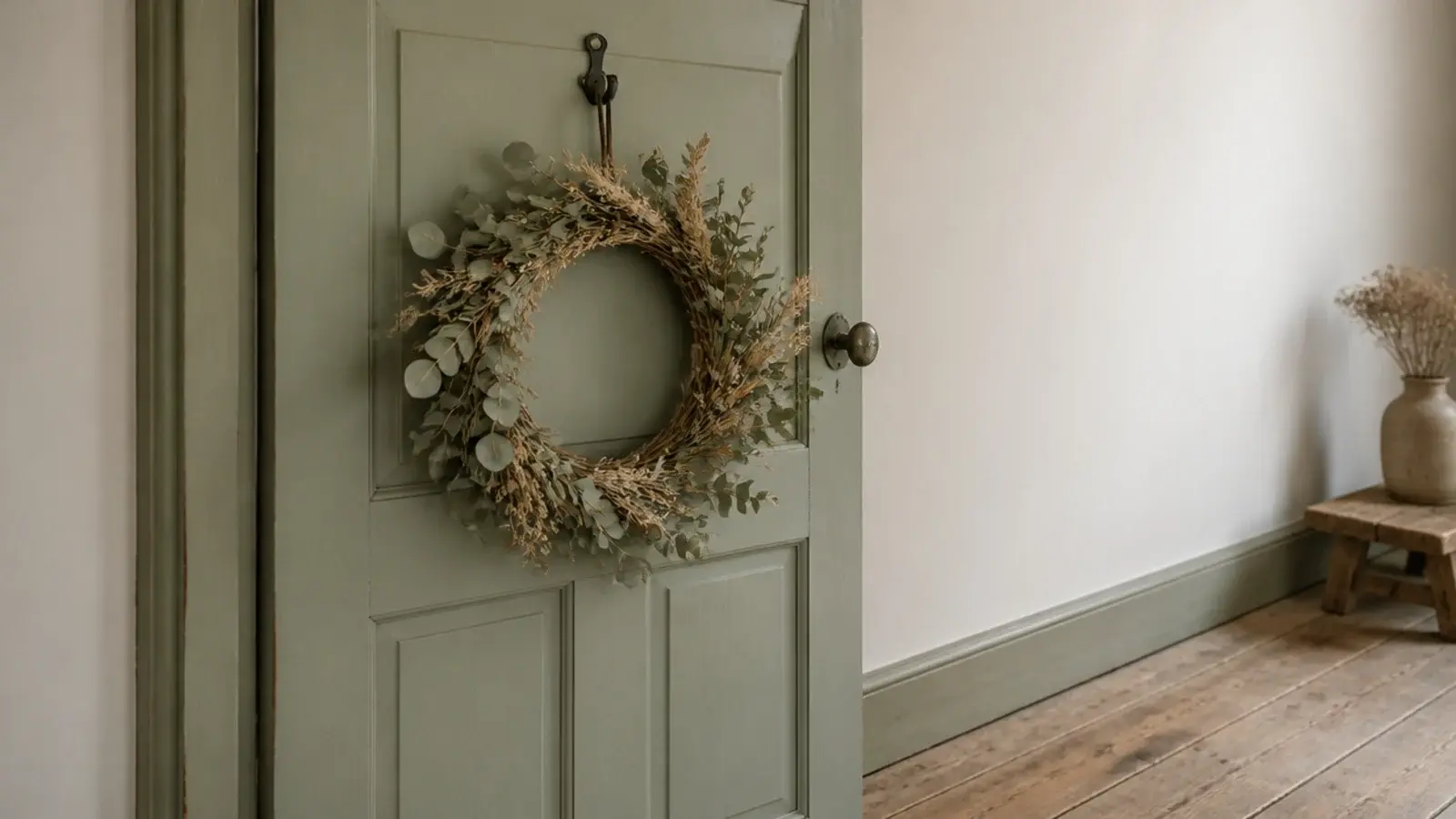 simple dried wreath hanging on the inside face of an entry door