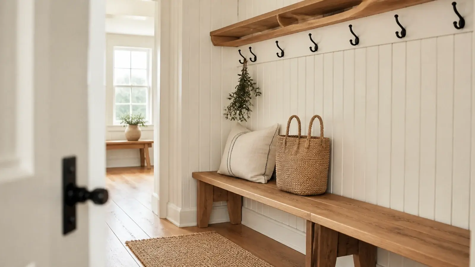 farmhouse entryway using only warm white wood and black tones