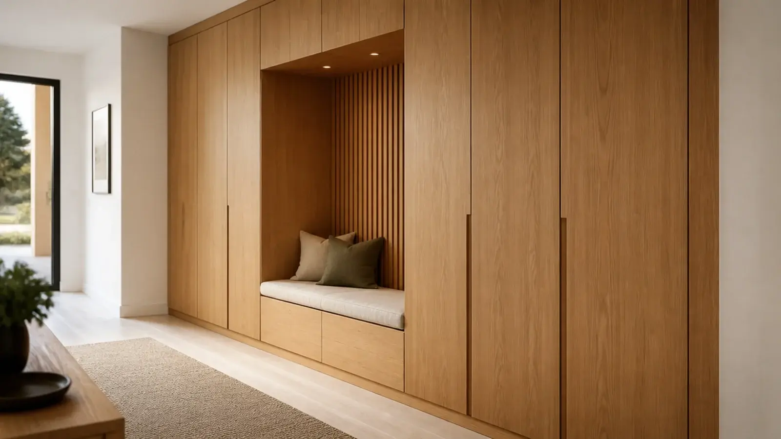 single oak veneer running across an entire modern foyer wall unit