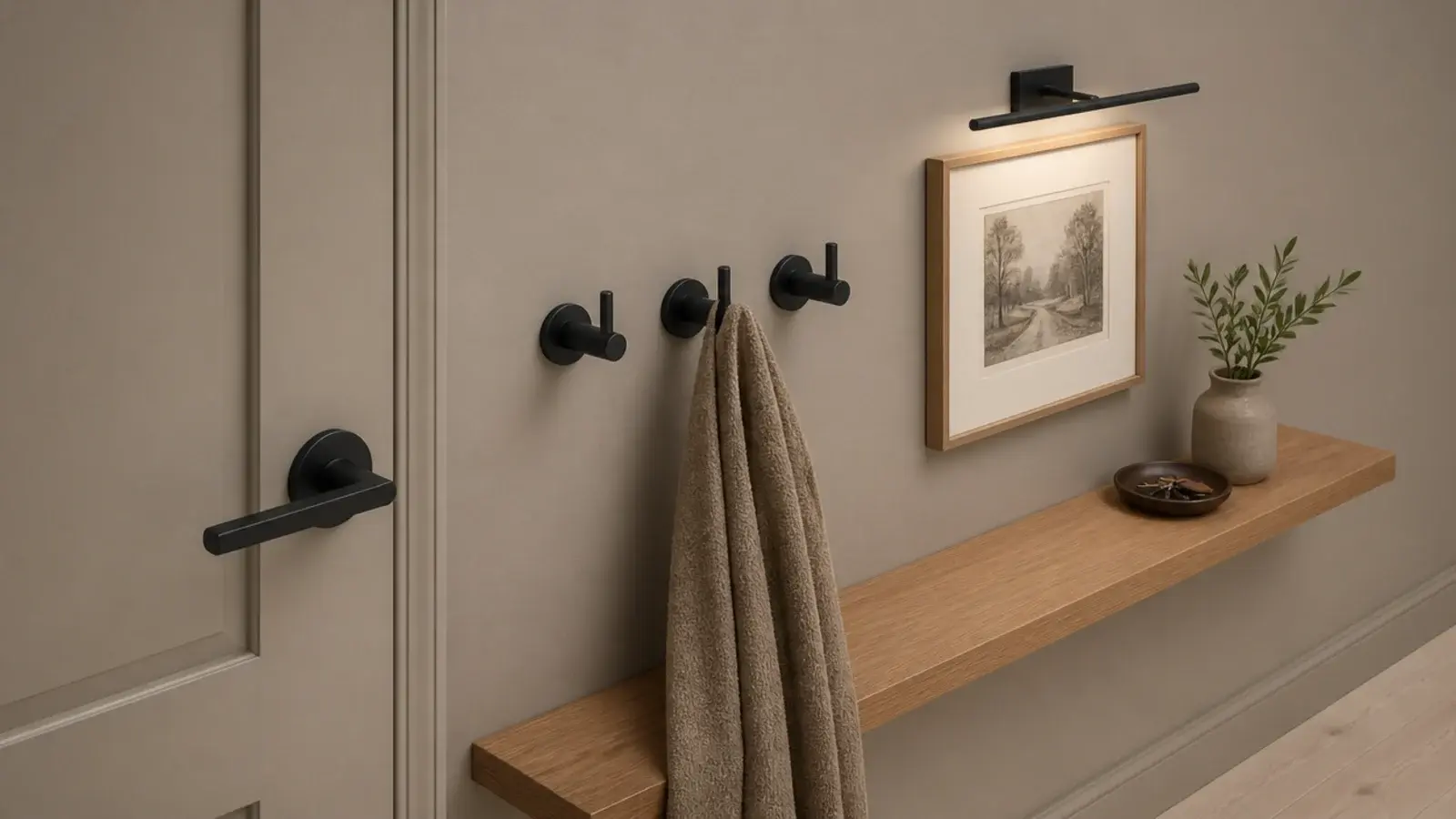 matte black hooks and door lever repeated across a modern entry