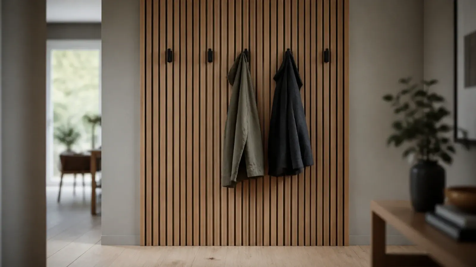 vertical oak slat panel behind coat hooks in a modern foyer