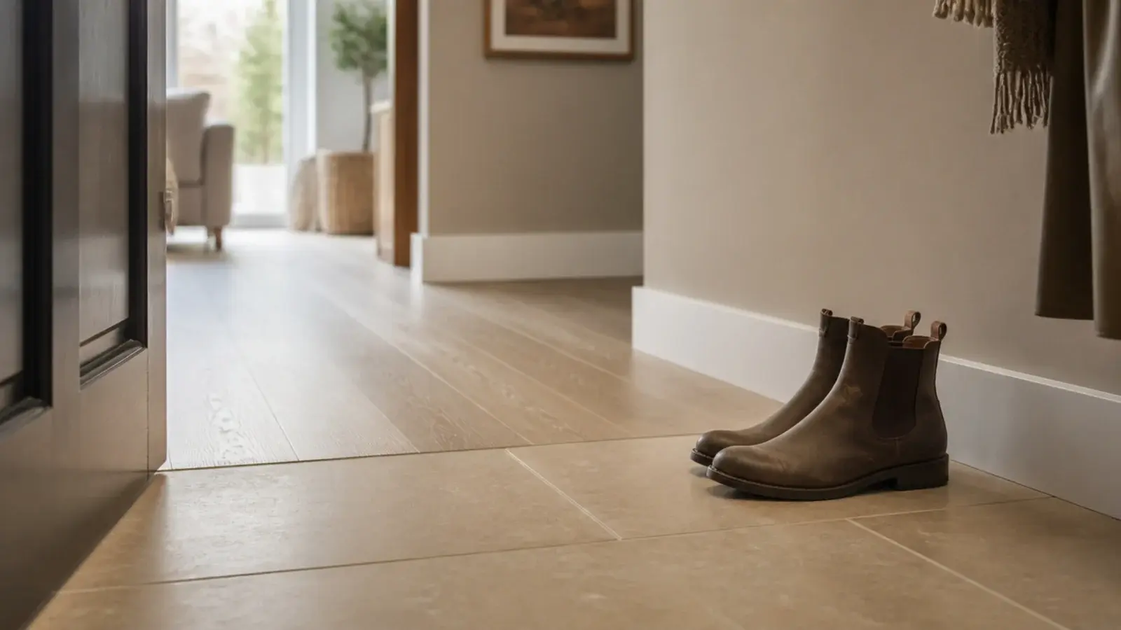large format tile landing zone meeting oak floorboards at a door