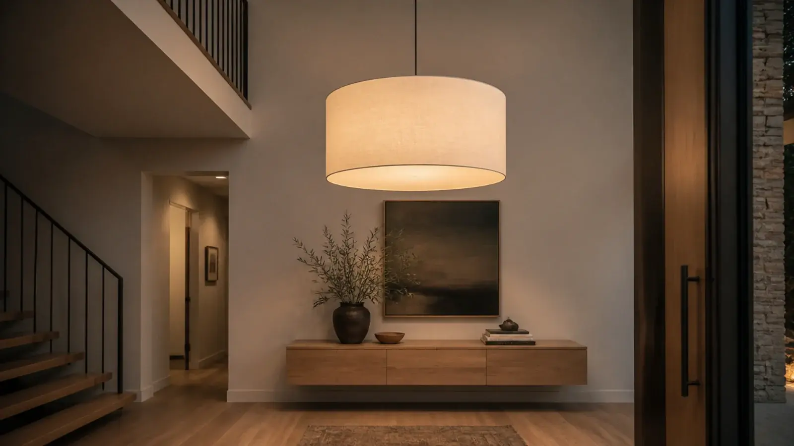 single large linen drum pendant hanging in a modern foyer