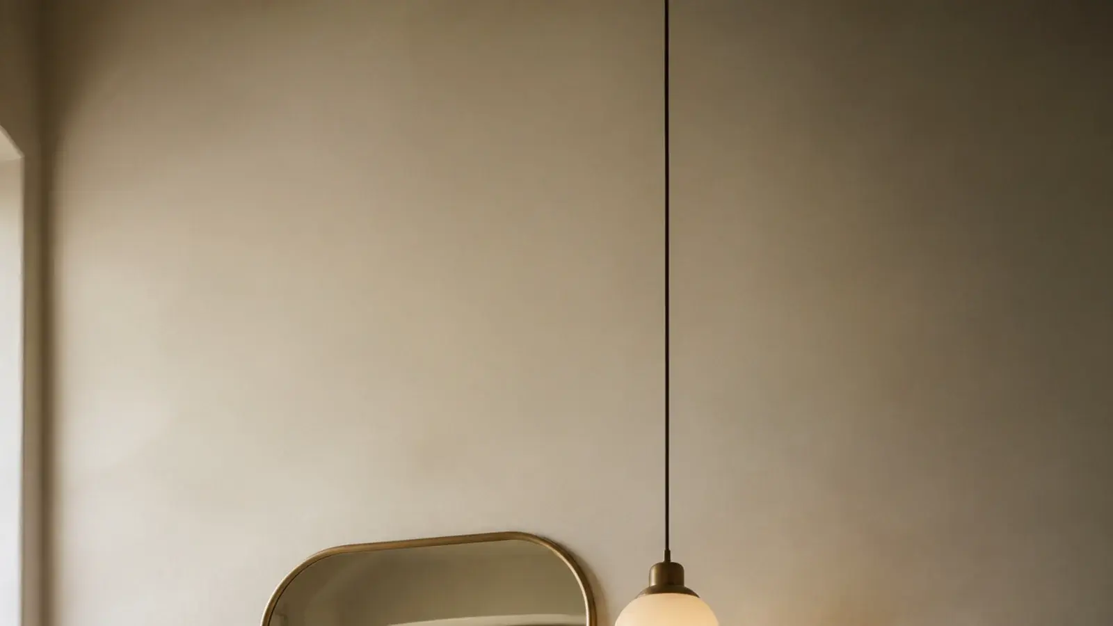 tall bathroom view of sealed hanging lights beside a tiled mirror