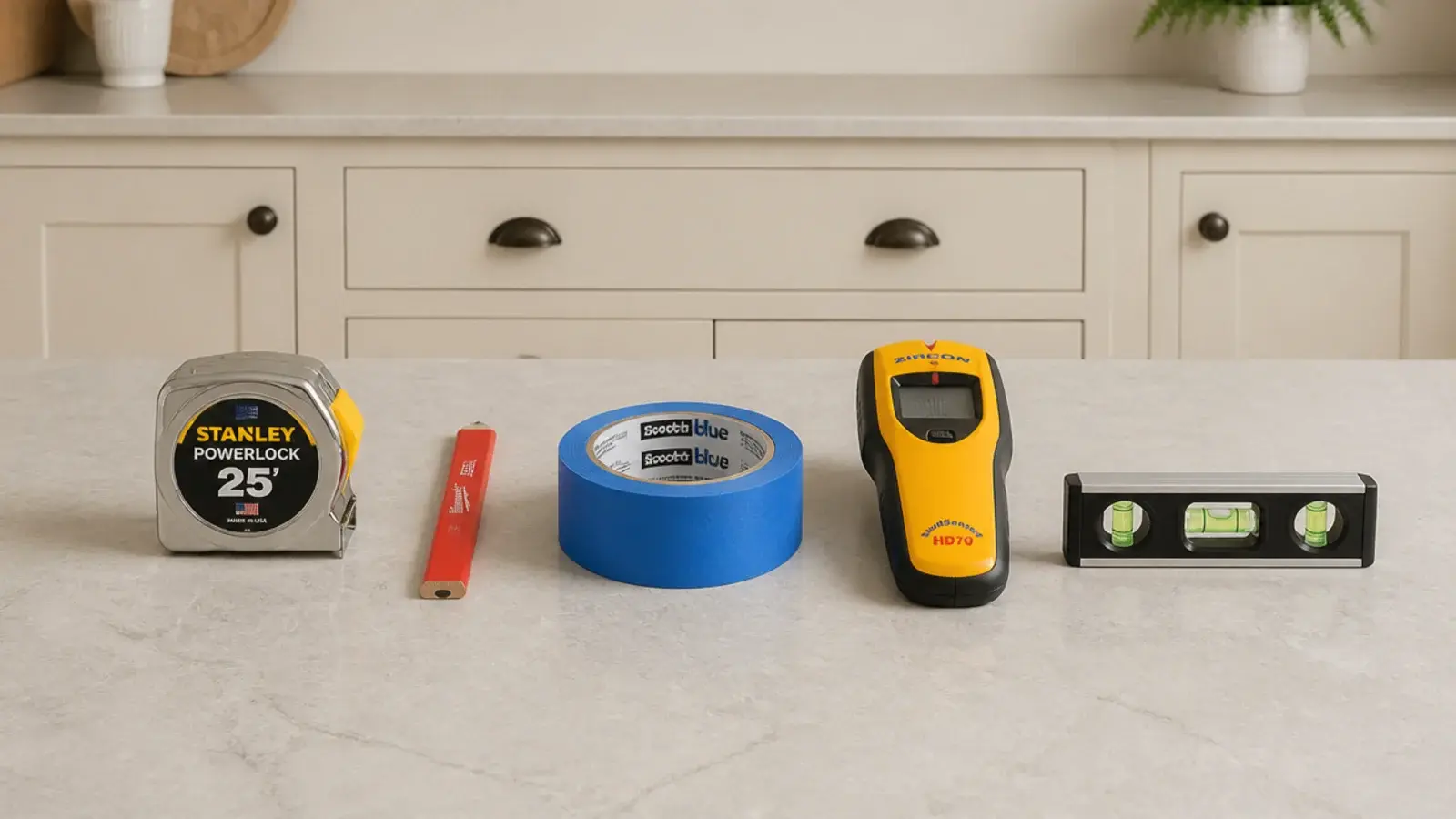 tape measure pencil and painters tape laid out on an island top