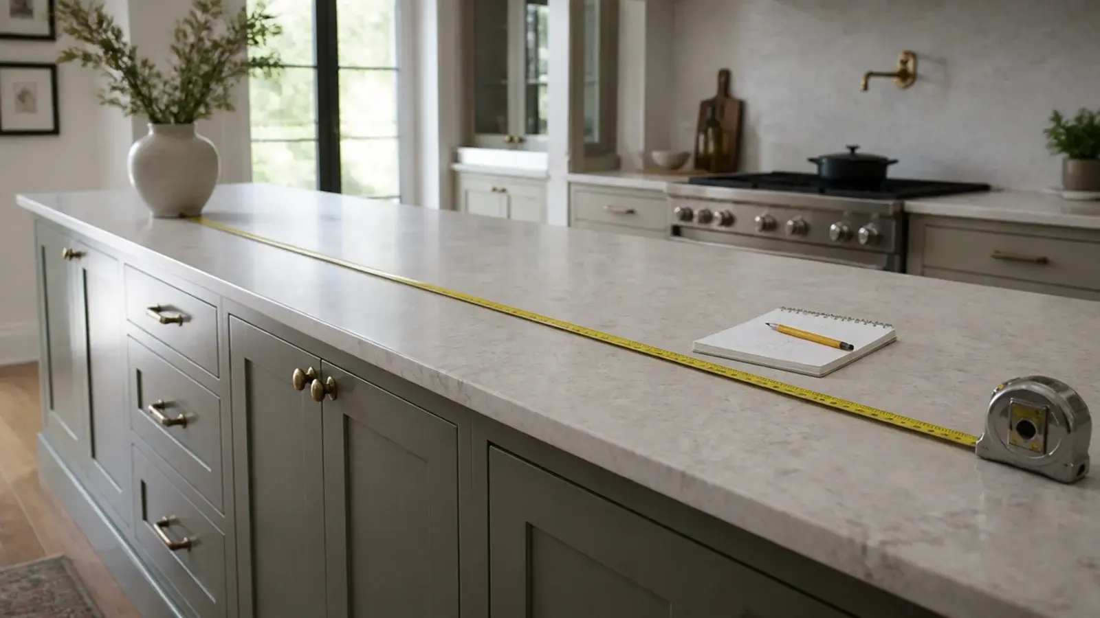 tape measure stretched along the full length of a kitchen island