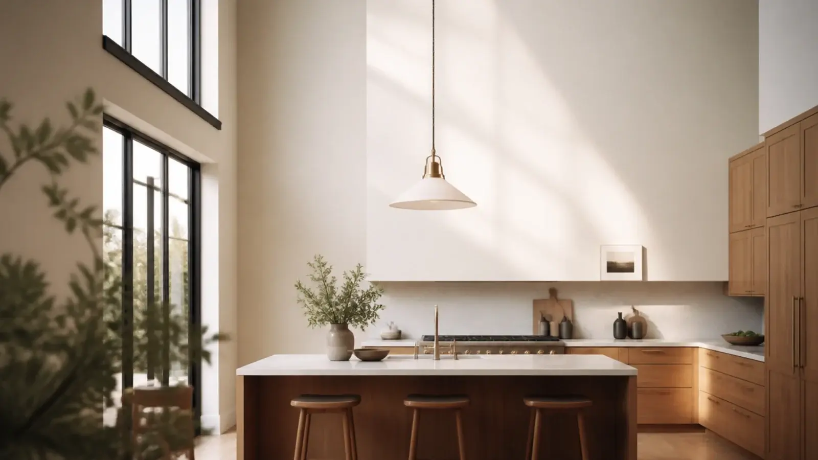 long cord pendant hanging in a kitchen with a high ceiling