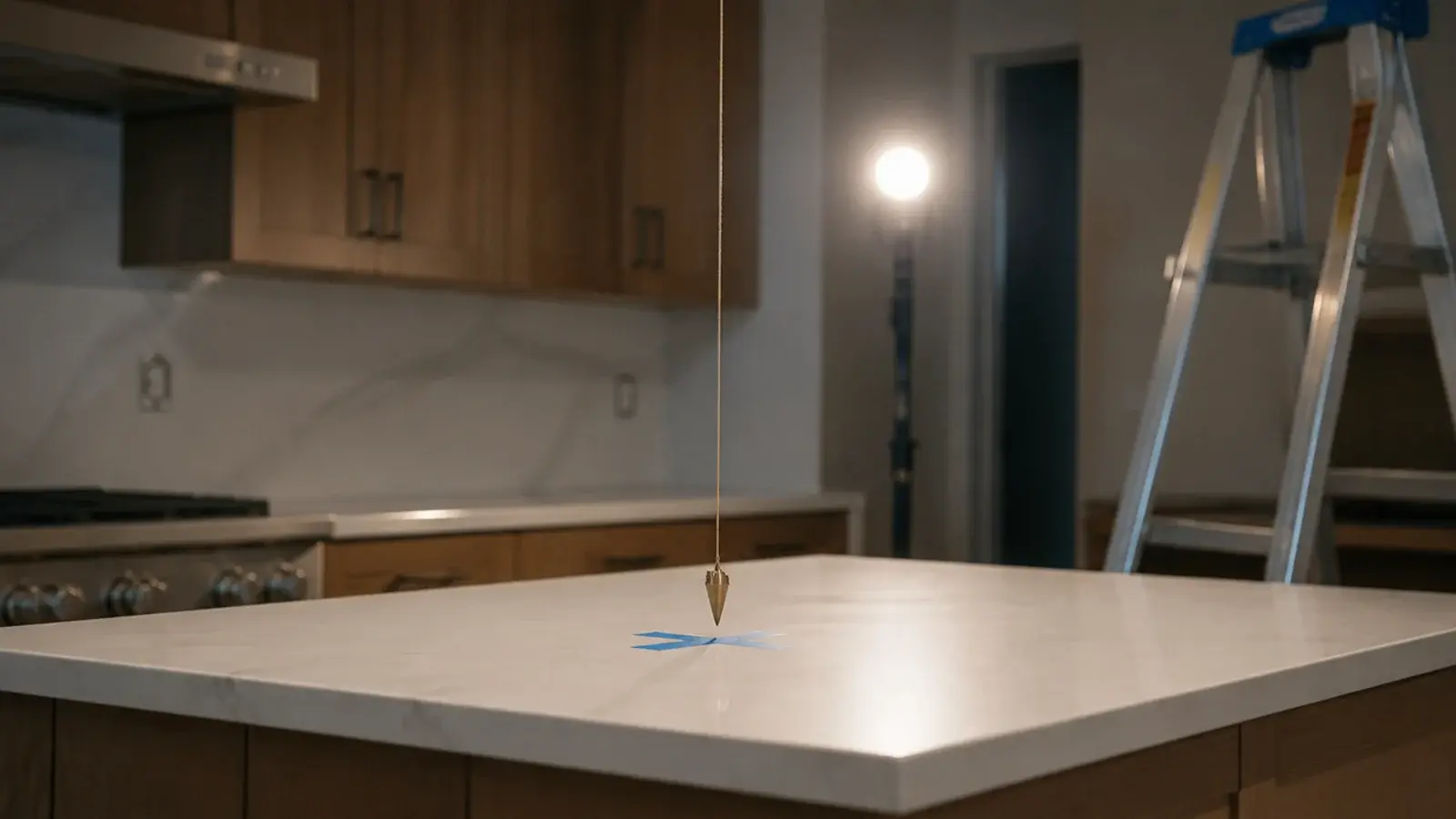 plumb bob hanging from a kitchen ceiling to a taped counter mark