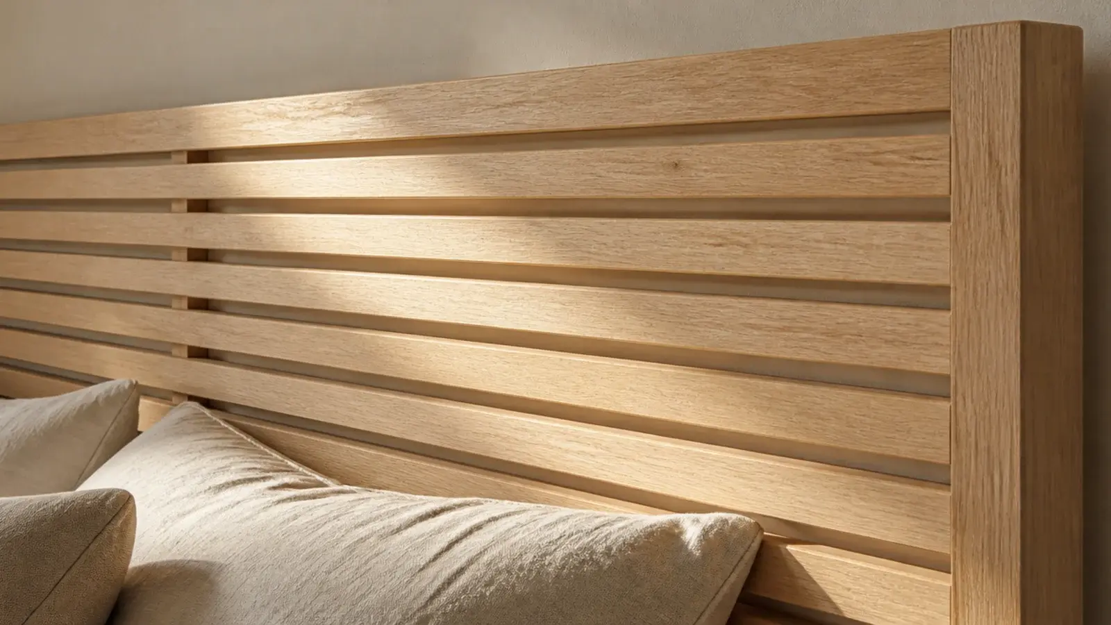 open slatted headboard with visible wall between each pale oak batten
