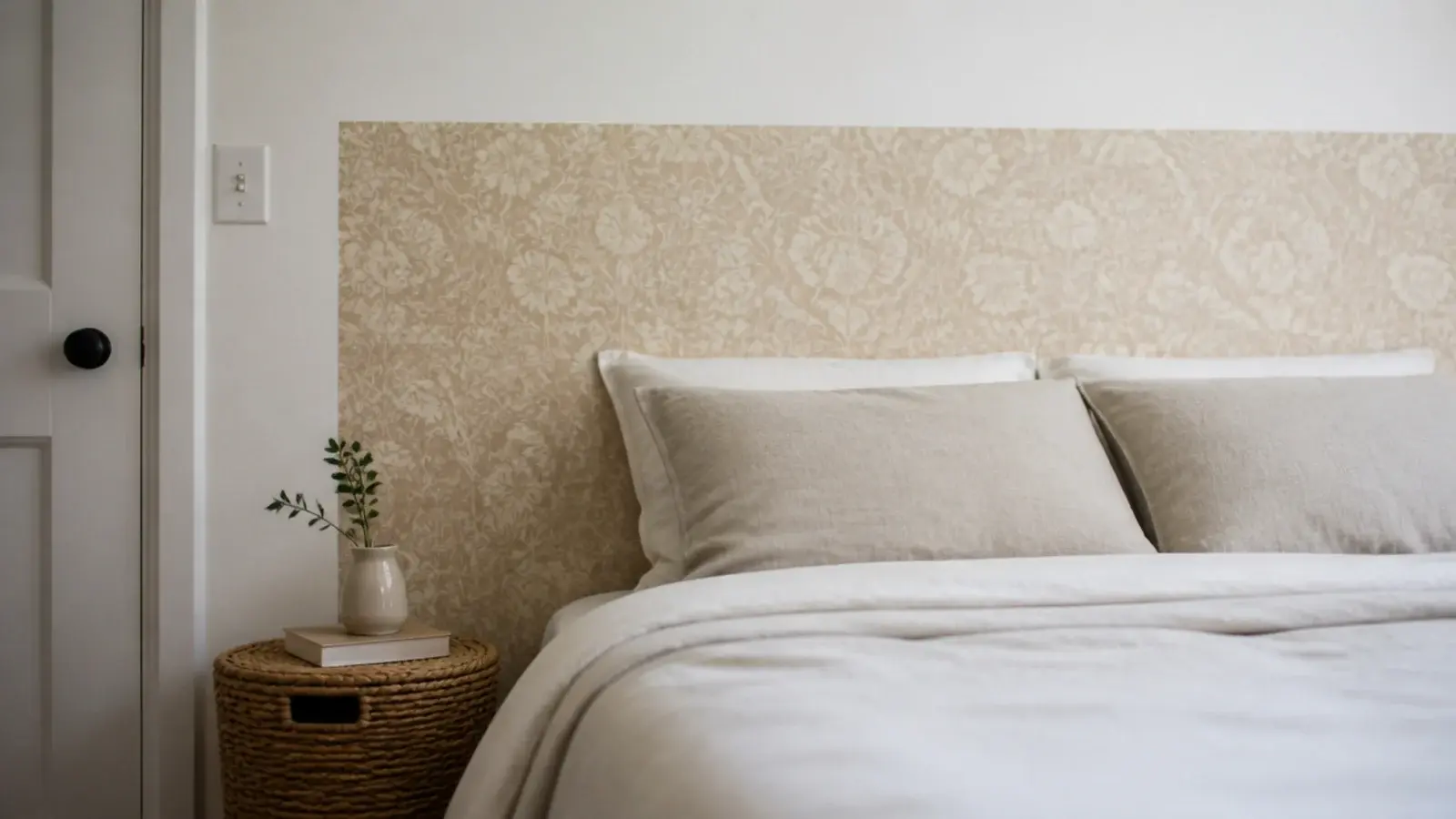 removable wallpaper rectangle behind a bed acting as a renter friendly headboard