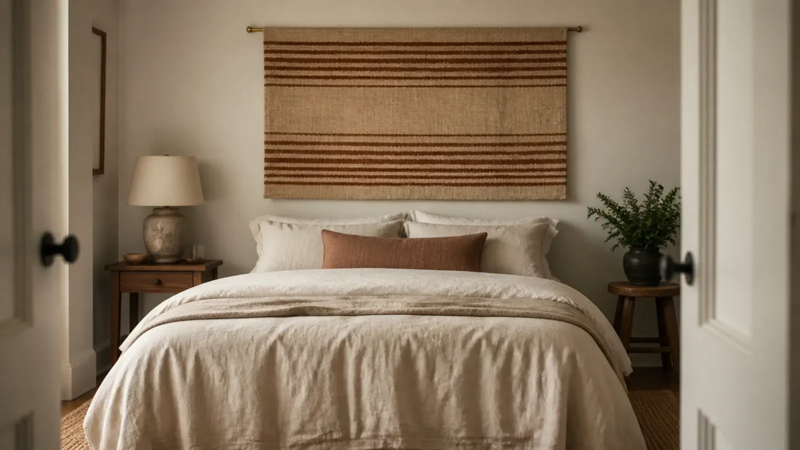 flat woven wool textile hung on a slim rod behind a bed