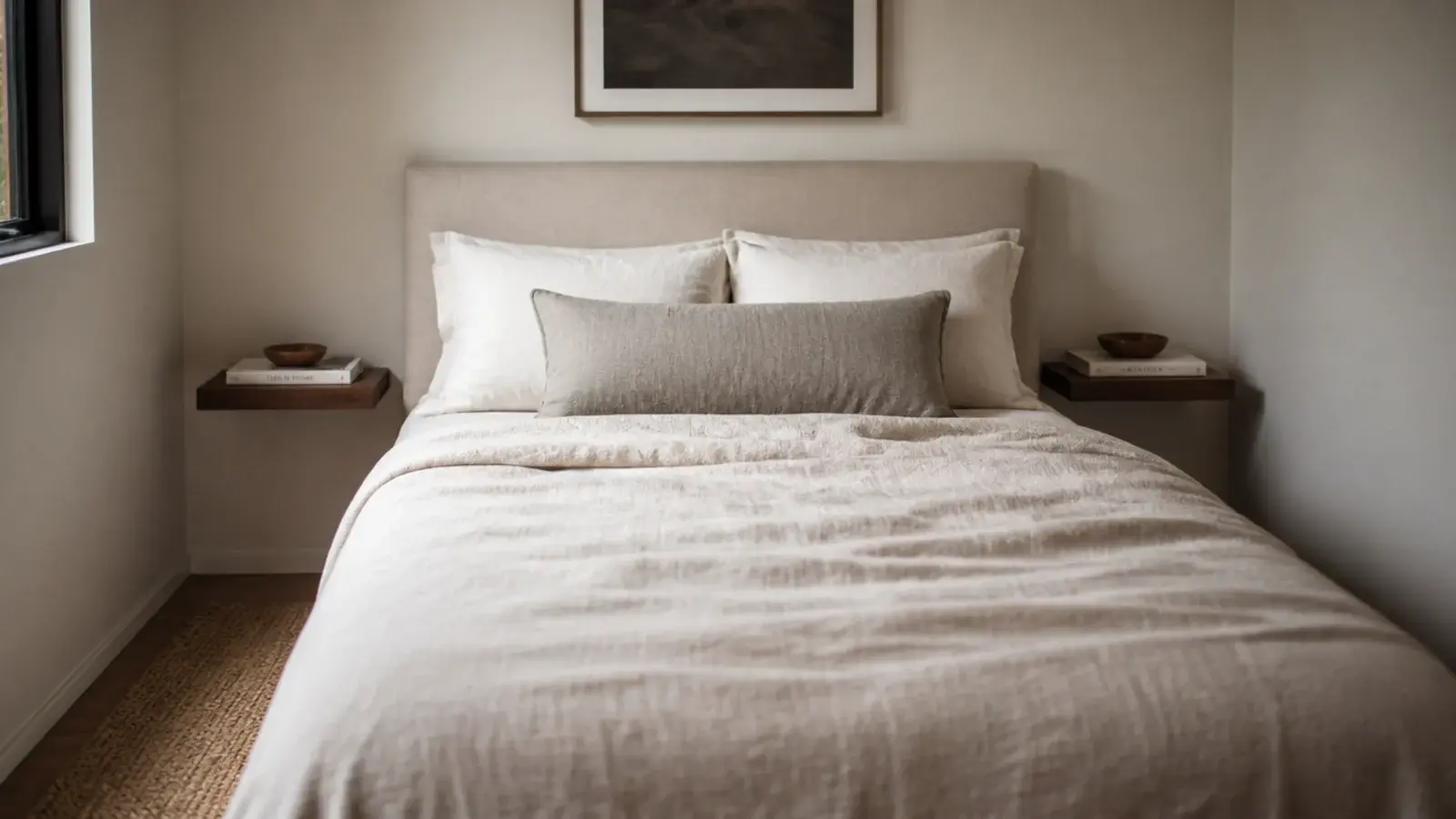 two floating walnut nightstands flanking a narrow headboard in a tiny bedroom