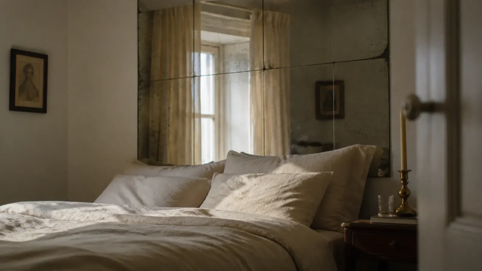 antiqued mirror headboard panel bouncing window light around a small bedroom
