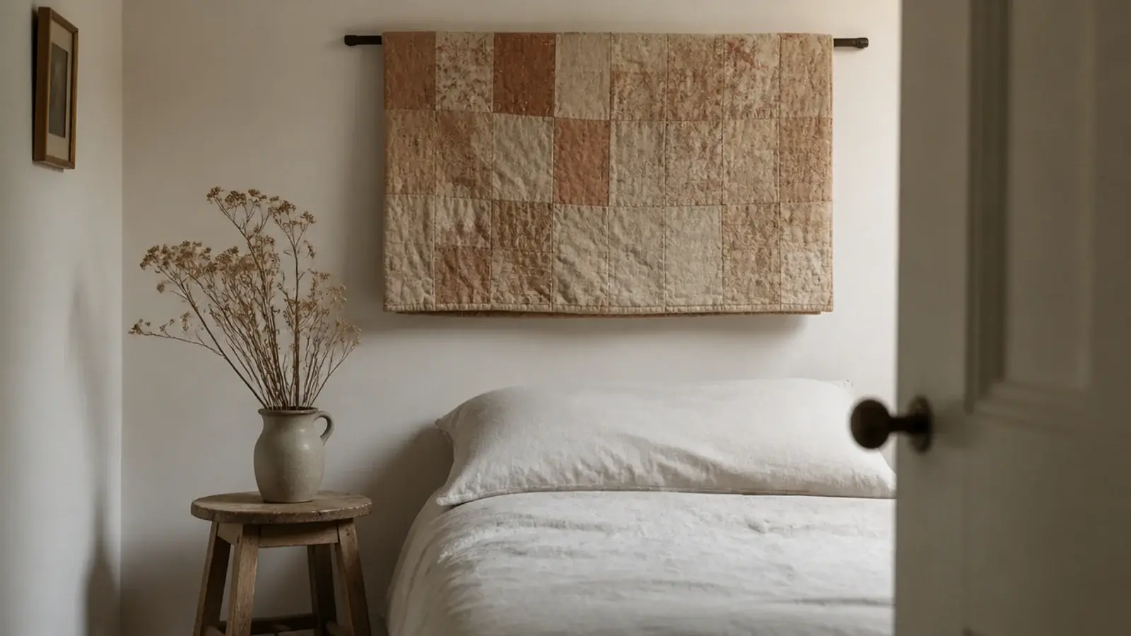 folded patchwork quilt draped over a slim rod as a soft small bedroom headboard