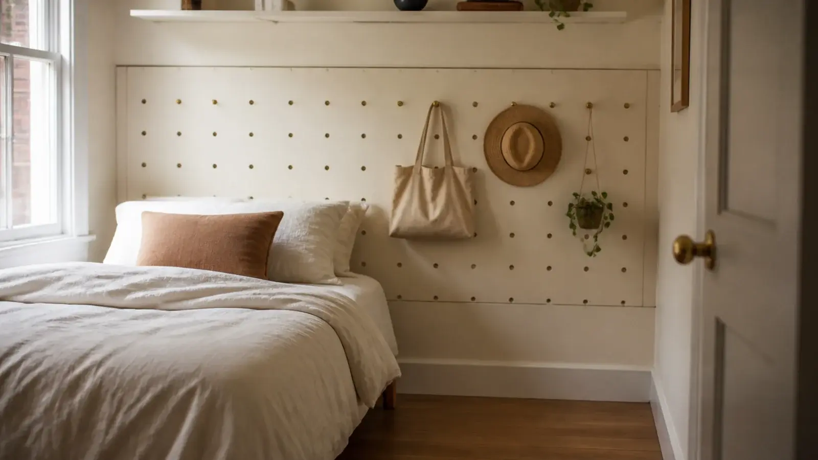 painted pegboard headboard with small hooks holding a bag and a hat