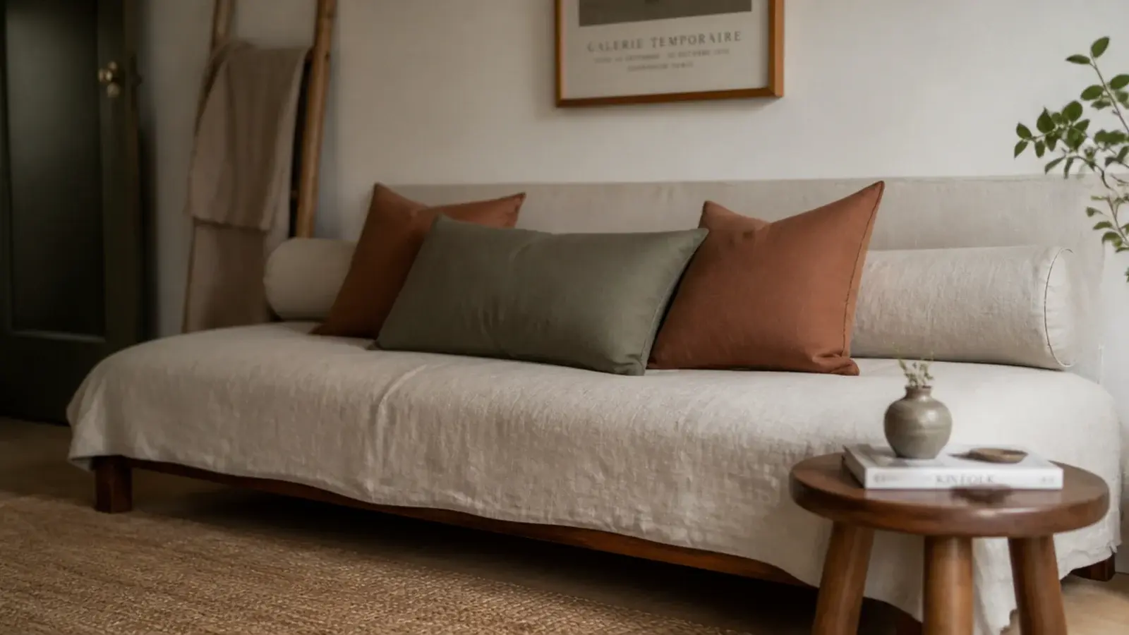 long linen bolster cushion propped against the wall behind a daybed