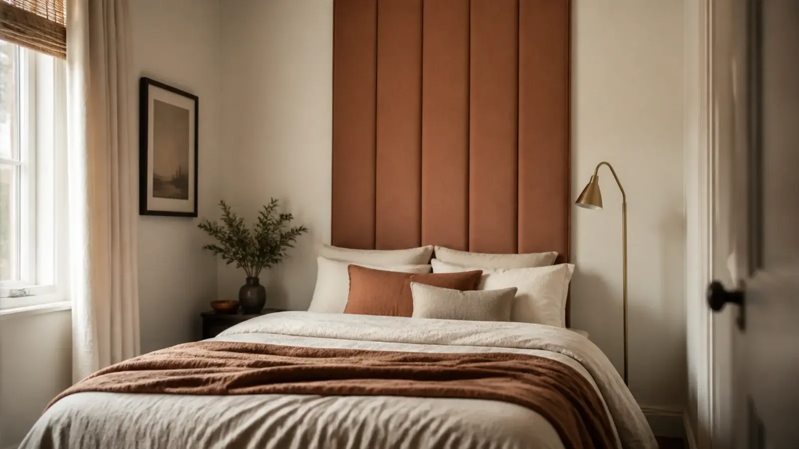 tall narrow headboard panel drawing the eye upward in a small low room