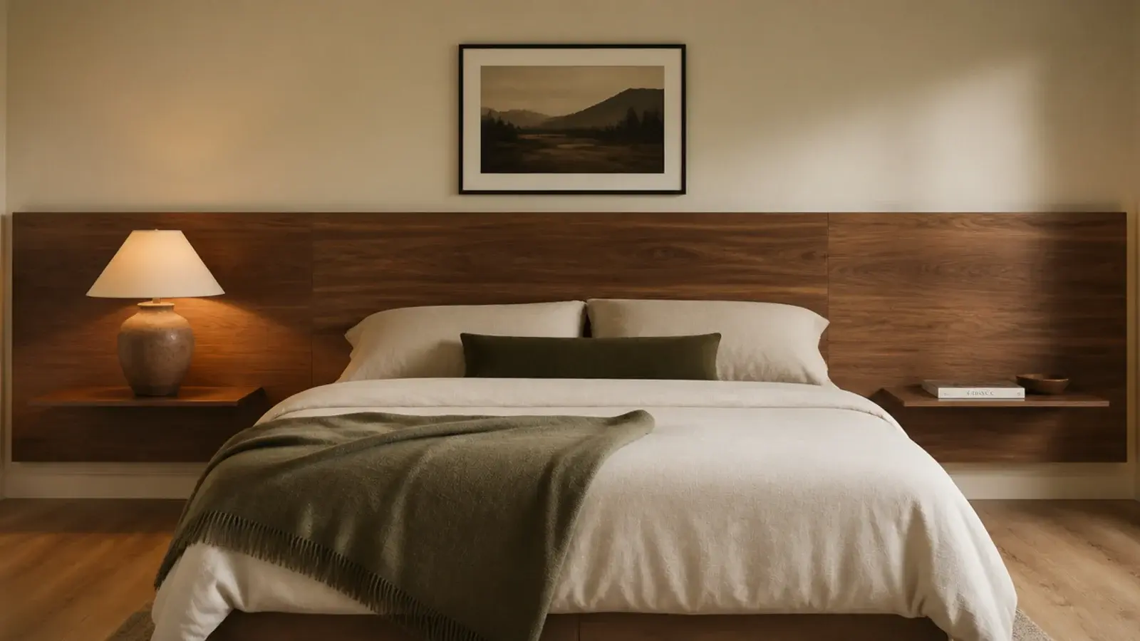 wide wood headboard panel with floating nightstand ledges on both sides