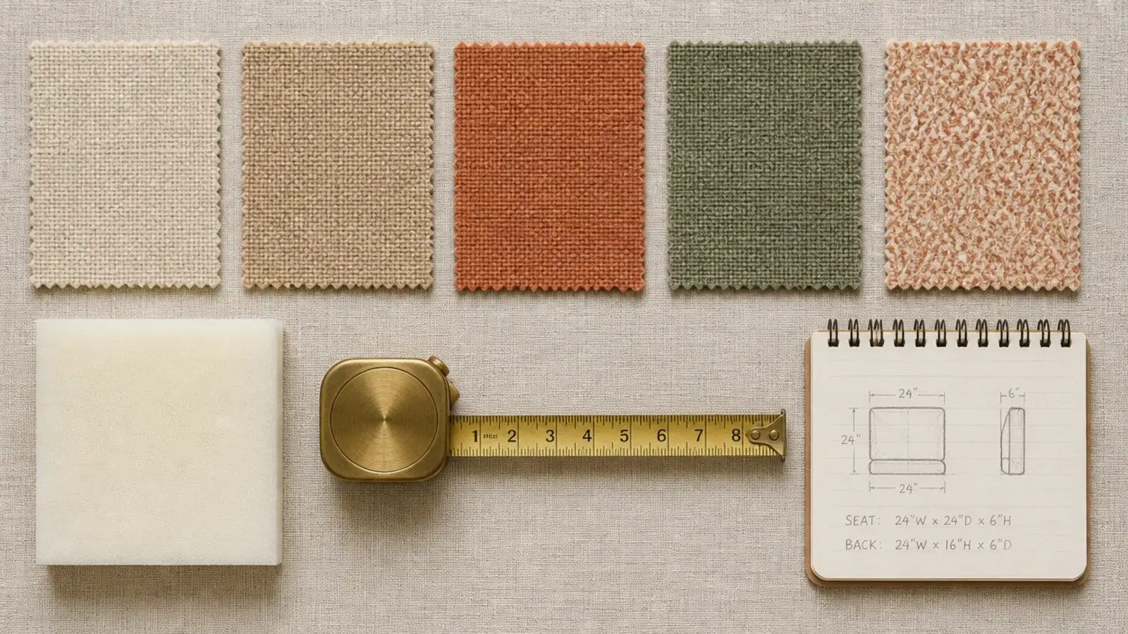 fabric swatches foam sample and tape measure laid out for headboard planning