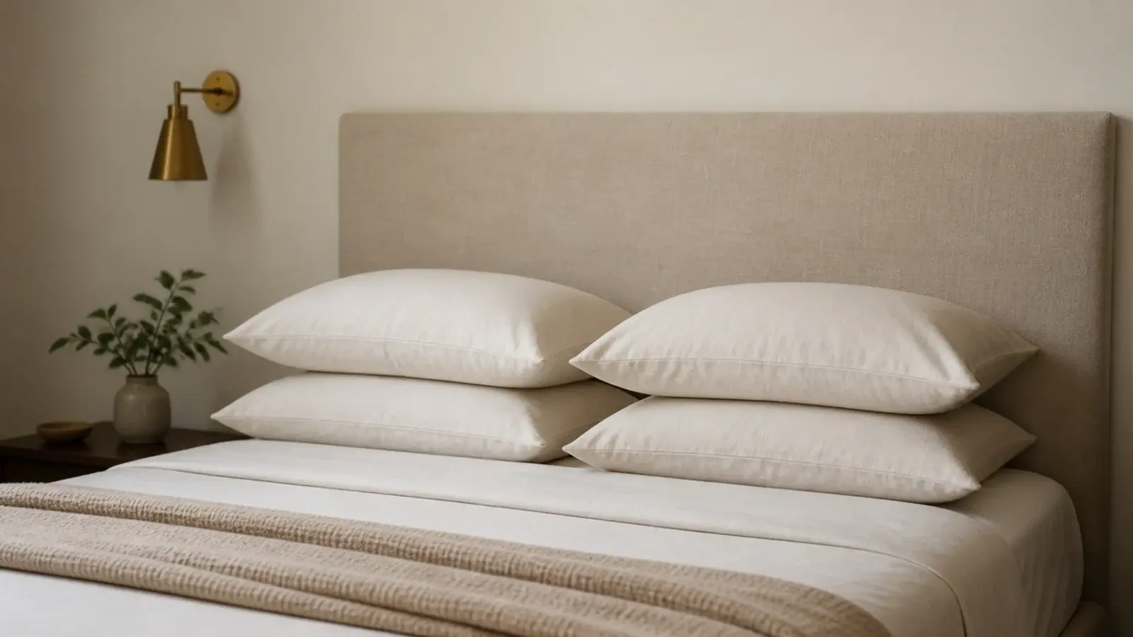 simple rectangular linen upholstered headboard behind stacked white pillows