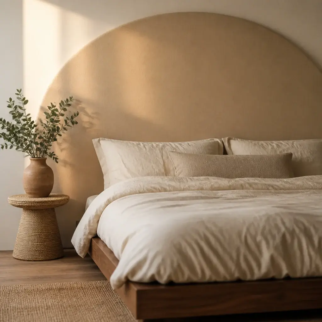 arched upholstered headboard in warm sand fabric above a low wooden bed