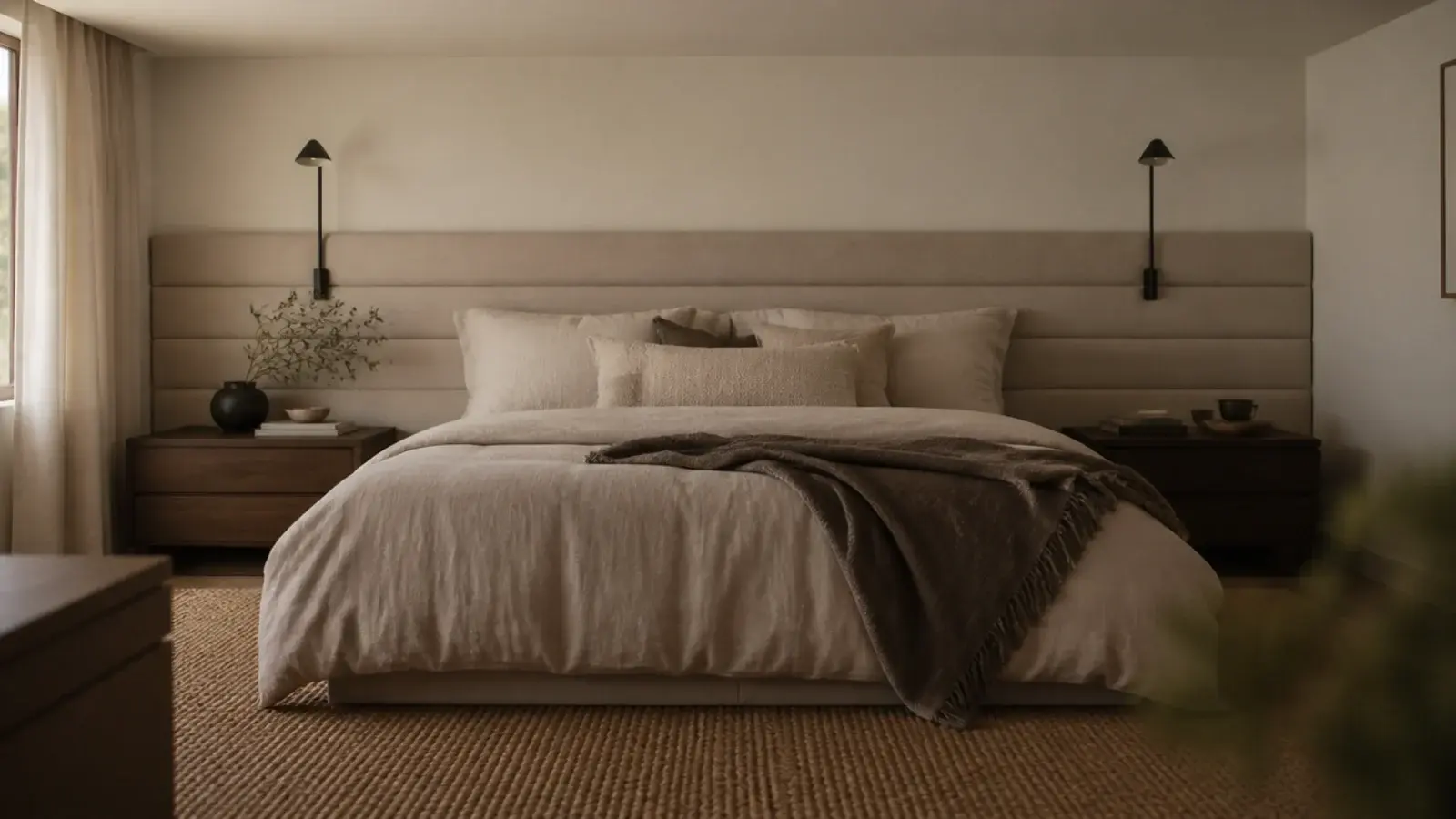 wide horizontal channel upholstered headboard stretching across a bedroom wall