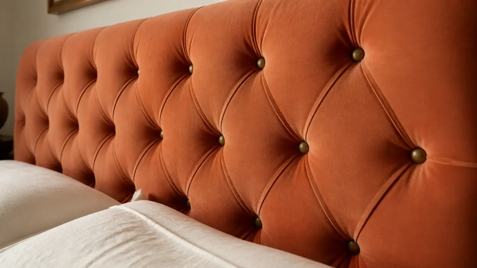 diamond button tufted headboard in clay velvet with deep even folds