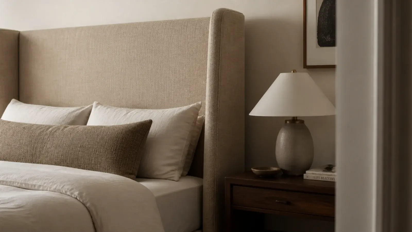 wingback upholstered headboard with padded side returns wrapping the bed
