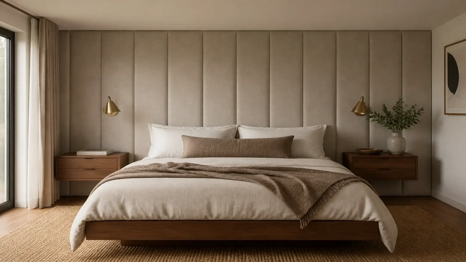 full width padded wall panel behind a bed acting as a soft headboard