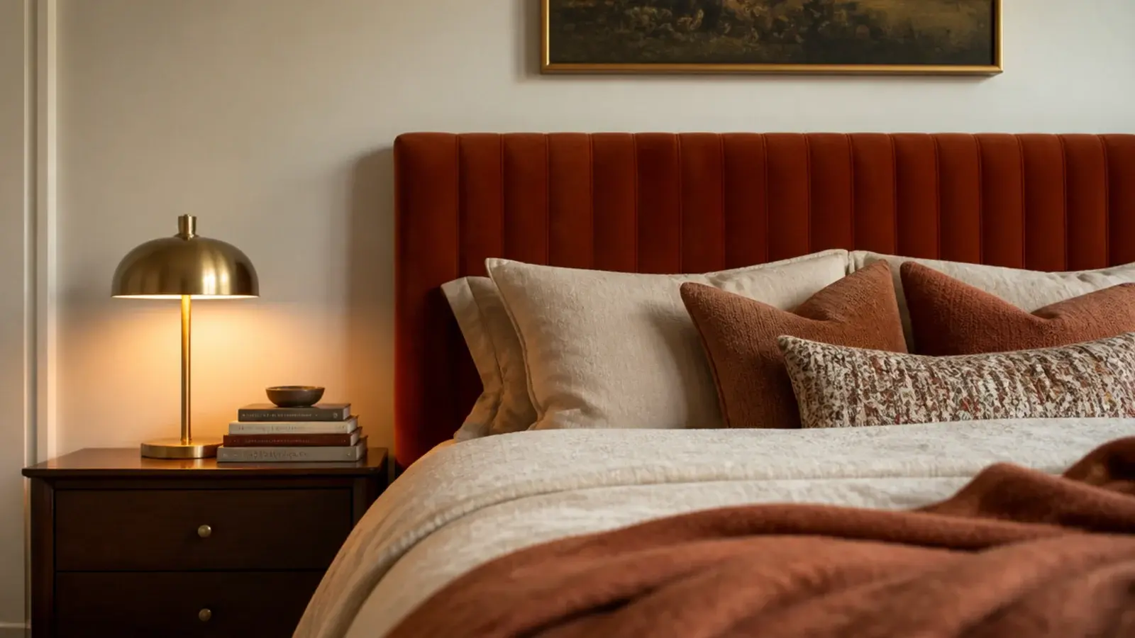 deep clay velvet headboard warming a north facing bedroom with cool light