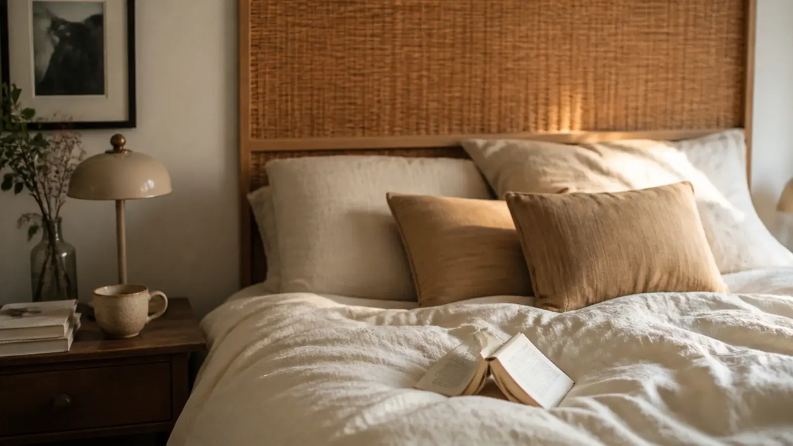 durable performance weave headboard in warm sand beside a rumpled linen bed