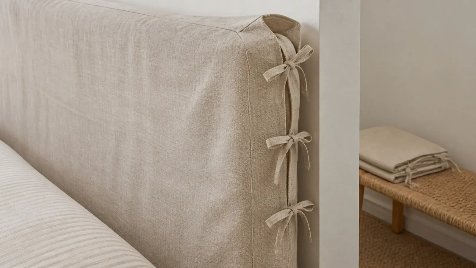 washable slipcovered headboard in natural linen with a soft ties detail