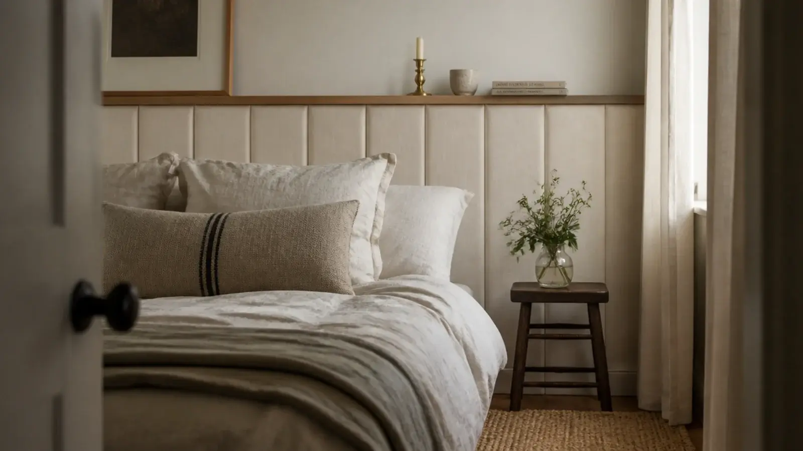 upholstered headboard with a narrow oak ledge running across the top edge