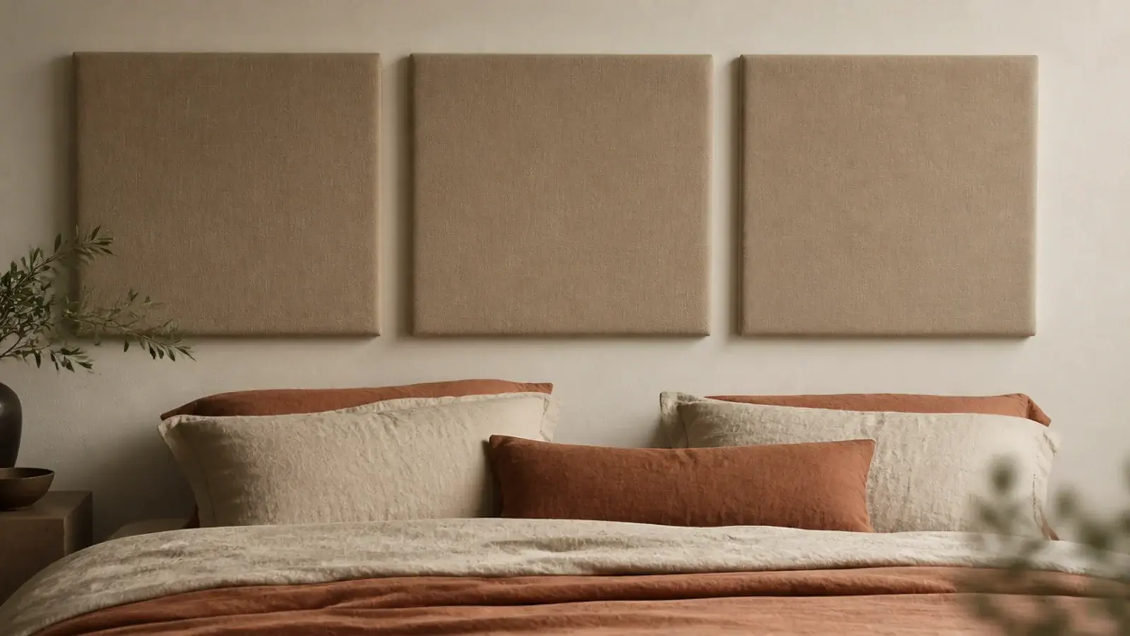 three separate padded squares mounted in a row as a modular headboard
