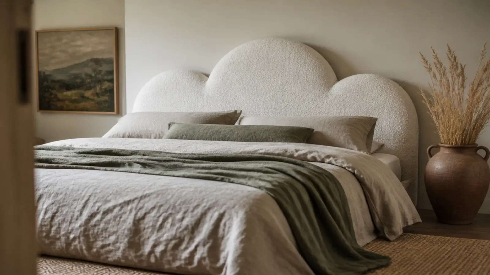 cloud shaped upholstered headboard with three soft curves above a linen bed