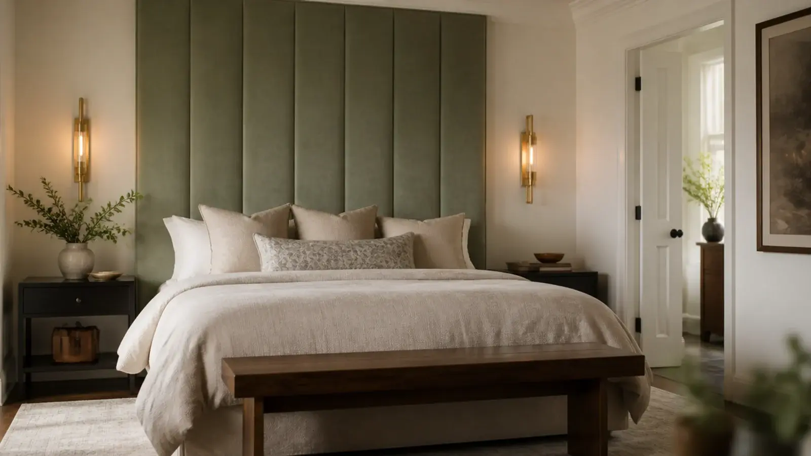 tall upholstered statement headboard reaching fifty inches above the mattress